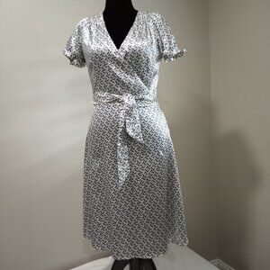 ZARA BASIC BLUE|WHITE SHEEN WRAP DRESS WITH BELT WOMEN SIZE L